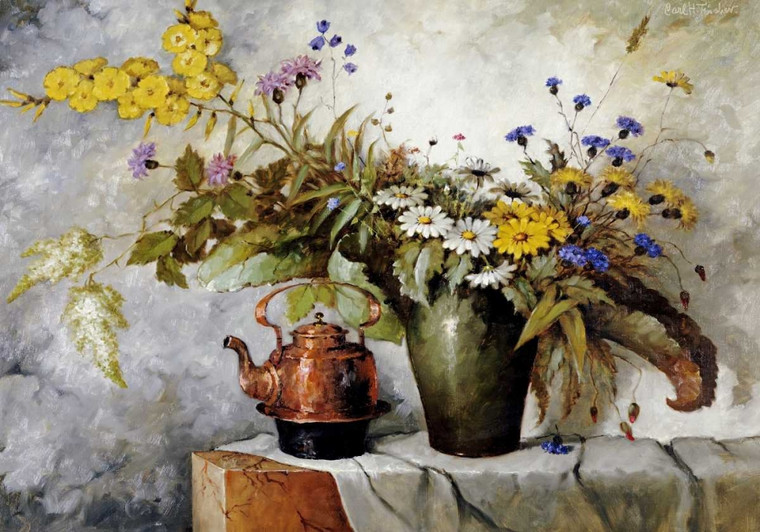 Fischer Carl H. Fiordalisi, margherite e altri fiori in un vaso Floreale cm76X109 Immagine su CARTA TELA PANNELLO CORNICE Orizzontale