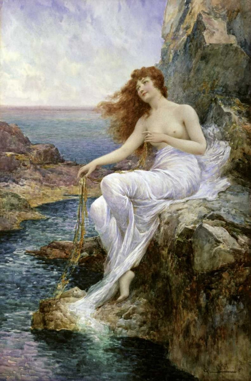 Glendening Alfred Augustus Sea Nymph seduto su una roccia con un nastro alghe Costiero cm98X64 Immagine su CARTA TELA PANNELLO CORNICE Verticale