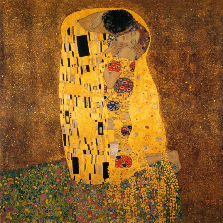 Klimt Gustav Il bacio Figurativo cm73X73 Immagine su CARTA TELA PANNELLO CORNICE Quadrata