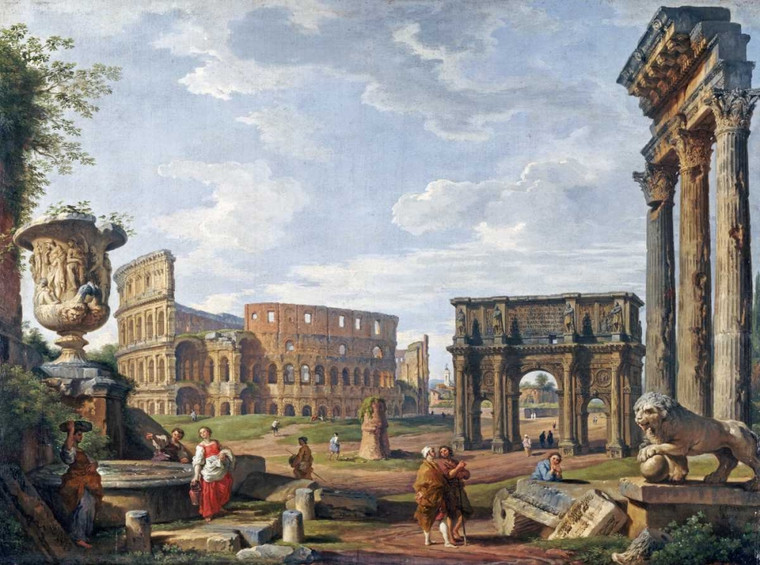 Panini Giovanni Paolo Un Capriccio Veduta di Roma con il Colosseo europeo cm57X77 Immagine su CARTA TELA PANNELLO CORNICE Orizzontale