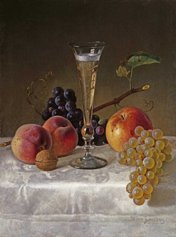 Ramsay Milne Natura morta con vetro di champagne Cibo cm75X54 Immagine su CARTA TELA PANNELLO CORNICE Verticale