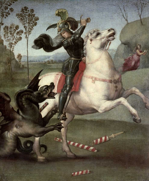 Raffaello San Giorgio che combatte il drago Animali cm89X73 Immagine su CARTA TELA PANNELLO CORNICE Verticale