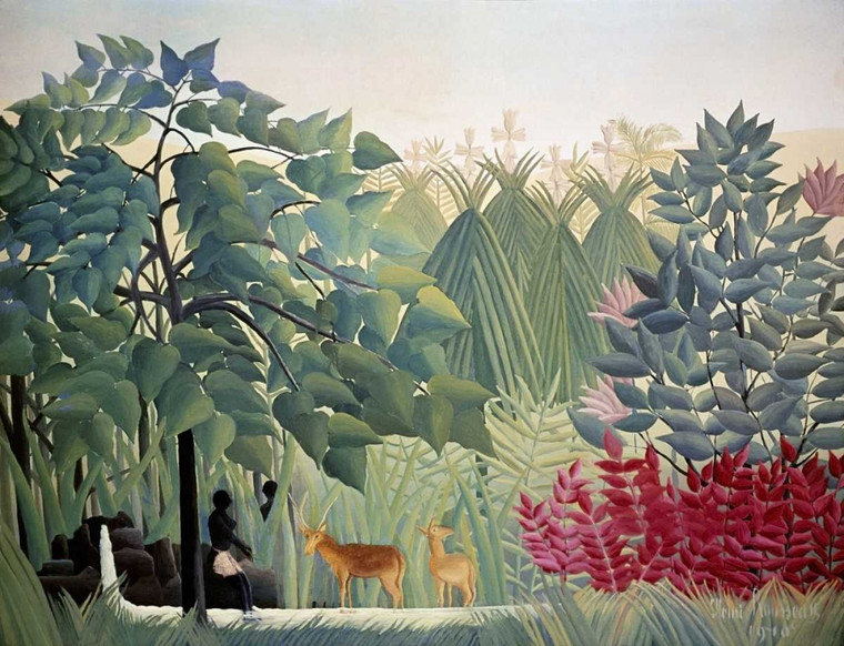 Rousseau Henri La cascata Animali cm75X100 Immagine su CARTA TELA PANNELLO CORNICE Orizzontale