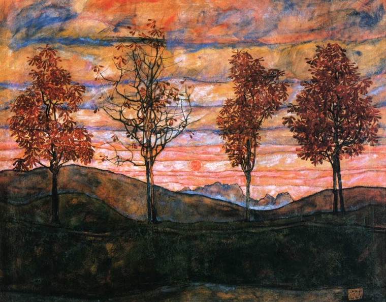 Schiele Egon Quattro alberi 1917 Astratto cm57X73 Immagine su CARTA TELA PANNELLO CORNICE Orizzontale