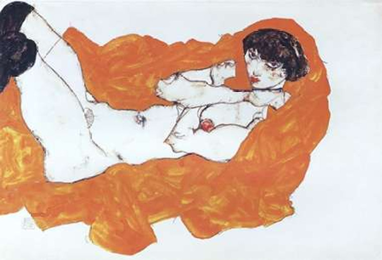 Schiele Egon Reclining Nudo Femminile On drappo rosso museo cm48X73 Immagine su CARTA TELA PANNELLO CORNICE Orizzontale