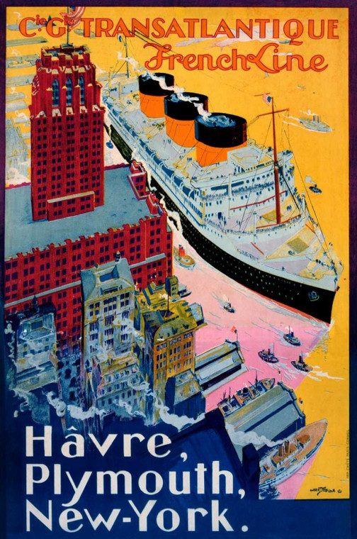 Sebille Albert Transatlantic Francese Line / Paris Havre New York Costiero cm117X76 Immagine su CARTA TELA PANNELLO CORNICE Verticale