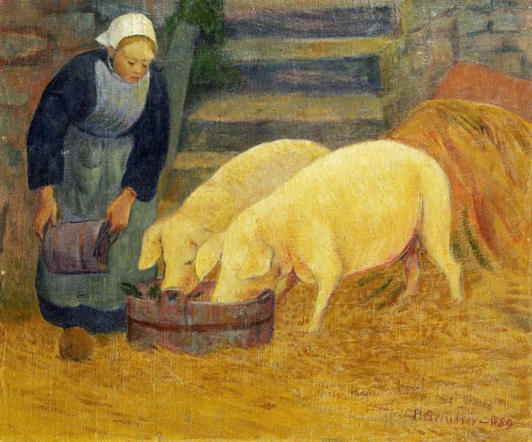 Serusier Paul Una Ragazza alimentazione Due maiali Animali cm59X73 Immagine su CARTA TELA PANNELLO CORNICE Orizzontale