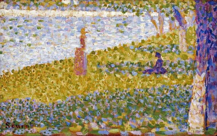 Seurat Georges Donne On The River Bank Costiero cm57X91 Immagine su CARTA TELA PANNELLO CORNICE Orizzontale