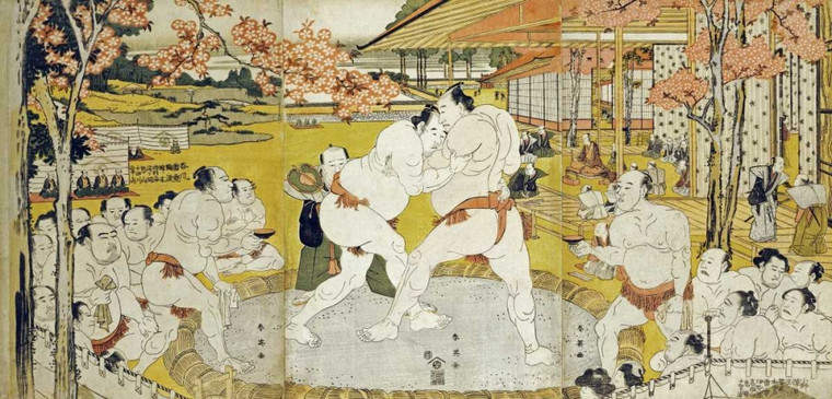 Shunei Katsukawa Un trittico di un incontro di lotta Giochi e Sport cm48X100 Immagine su CARTA TELA PANNELLO CORNICE Orizzontale