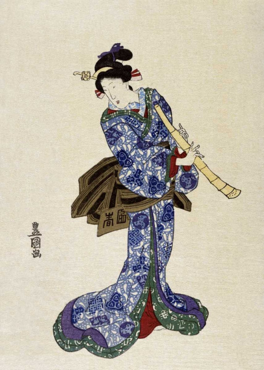 Toyokuni Utagawa shakuhachi Figurativo cm100X70 Immagine su CARTA TELA PANNELLO CORNICE Verticale