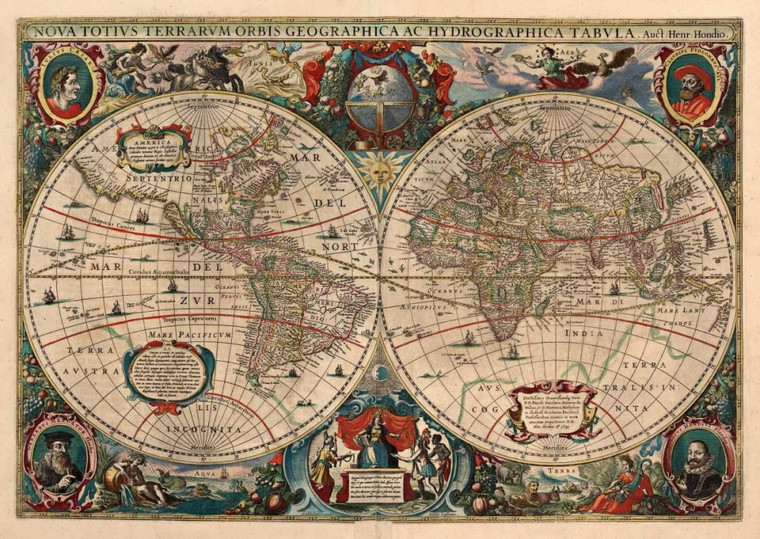 Hondius Hendrik Il nuovo mondo più sicuro, 1630 Viaggio cm76X109 Immagine su CARTA TELA PANNELLO CORNICE Orizzontale