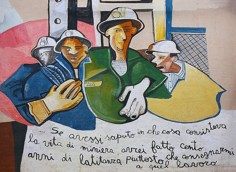 Esposito Salvatore Orgosolo minatori vita murales posti cm77X107 Immagine su CARTA TELA PANNELLO CORNICE Orizzontale