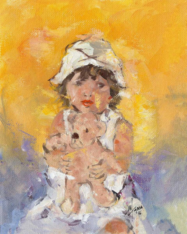 Fadda Maria Nella Bambina con orsacchiotto colore giallo Arte per bambini cm82X66 Immagine su CARTA TELA PANNELLO CORNICE Verticale