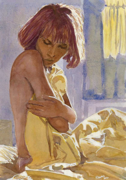 Uldanc Roberto Seduta ragazza nuda con i capelli leggere e foglio giallo Bagno cm103X73 Immagine su CARTA TELA PANNELLO CORNICE Verticale