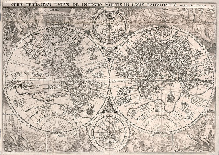 Plancio Petro Mappa del mondo 1594 Vintage ? cm73X103 Immagine su CARTA TELA PANNELLO CORNICE Orizzontale