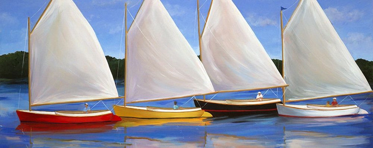 Saxe Carol Catboats colorate Costiero cm34X91 Immagine su CARTA TELA PANNELLO CORNICE Orizzontale