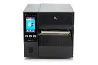 Zebra ZT421 industrial label printer front view with control panel and media opening