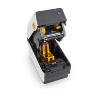 Zebra ZD611‑HC healthcare label printer open showing internal media path and print mechanism