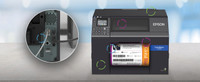 Epson ColorWorks CW-C6500A label printer with highlighted features and print output