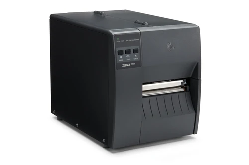 Zebra ZT111 industrial label printer angled view with media window