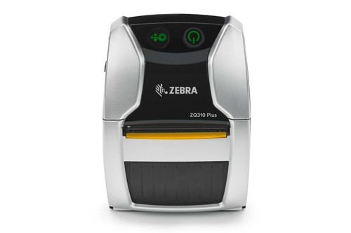 Zebra ZQ310 Plus Mobile Printer, silver and black, with green indicators and Zebra logo displayed.