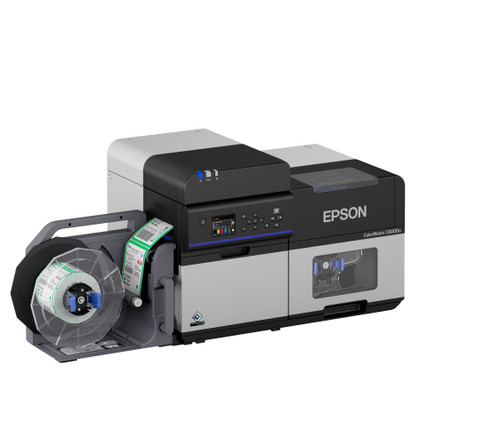 Epson ColorWorks CW-C8000U industrial color label printer with roll media loaded