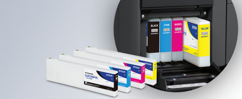Hand installing an Epson SJIC22P ink cartridge into an Epson ColorWorks C7500 label printer.