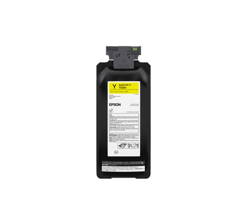Epson yellow ink cartridge for ColorWorks label printers, featuring a black casing with a yellow identification label