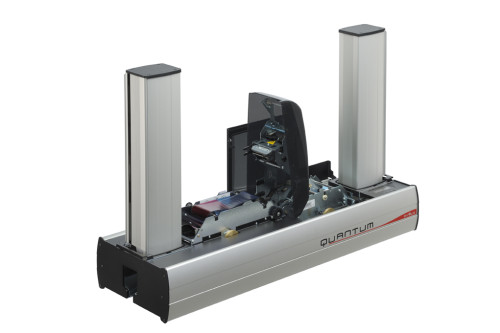 Angled view of the Evolis Quantum 2 card printer with the main cover fully opened, exposing internal mechanisms, card path, and print engine between two vertical feeder stacks.
