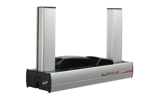 Front angled view of the Evolis Quantum 2 card printer featuring two tall vertical card hoppers on either side and a central printing module with a curved cover and front panel against a plain background.