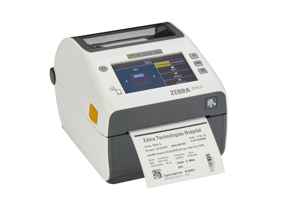 Zebra ZD621-HC healthcare label printer printing barcode specimen label
