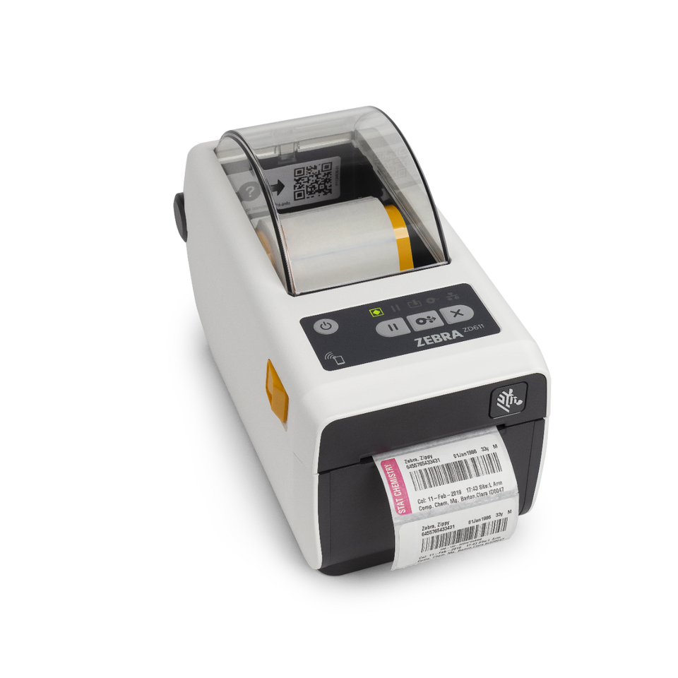 Zebra ZD611-HC healthcare label printer printing barcode specimen label