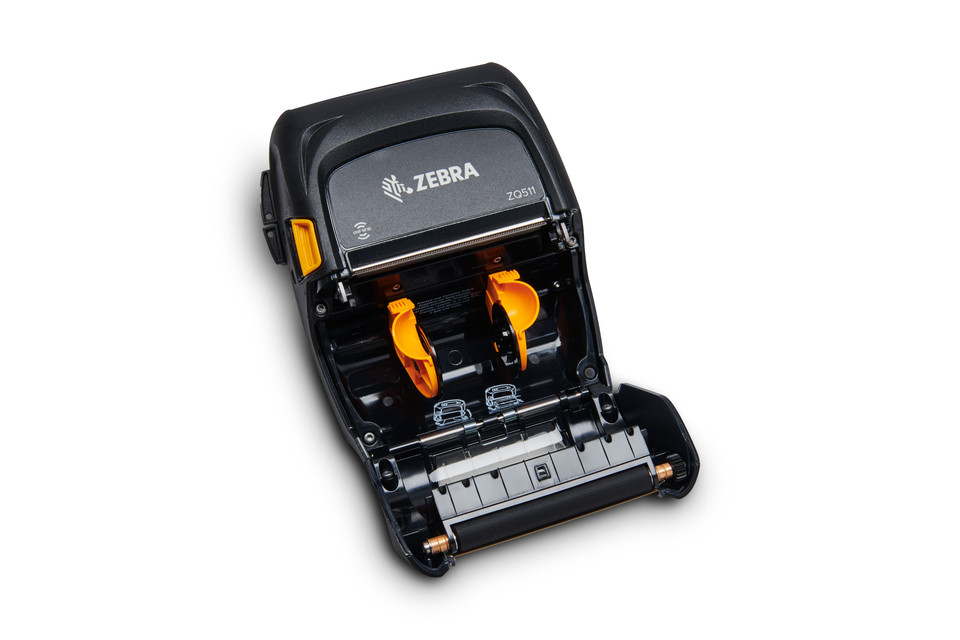 Zebra ZQ500 series rugged mobile thermal printer open showing media loading compartment