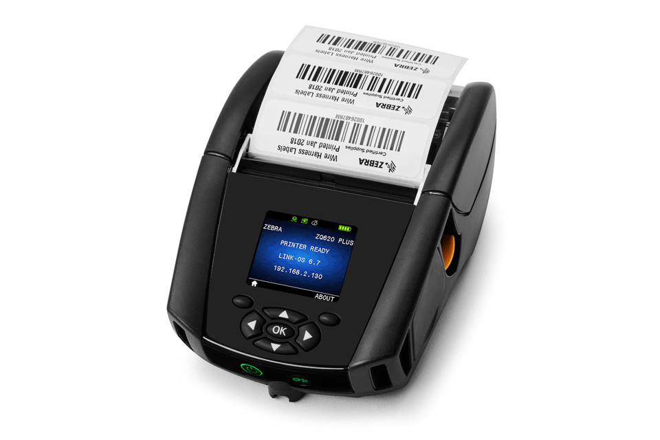 Zebra ZQ620 Plus Mobile Printer, a black Zebra mobile printer with LCD screen and barcode label.