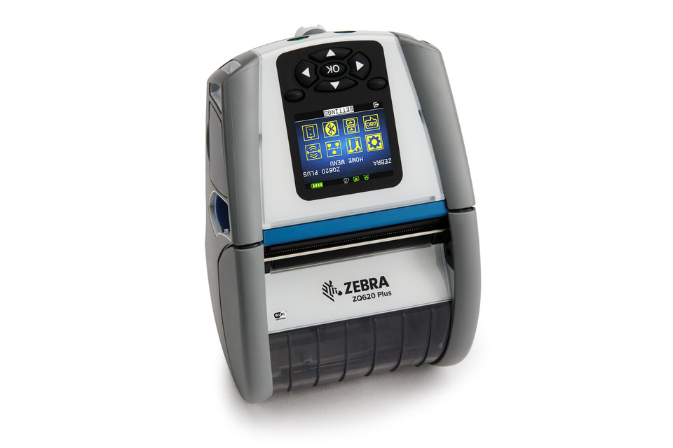 Zebra ZQ620 Plus HealthCare Mobile Printer, silver and grey, with color display and Zebra logo.