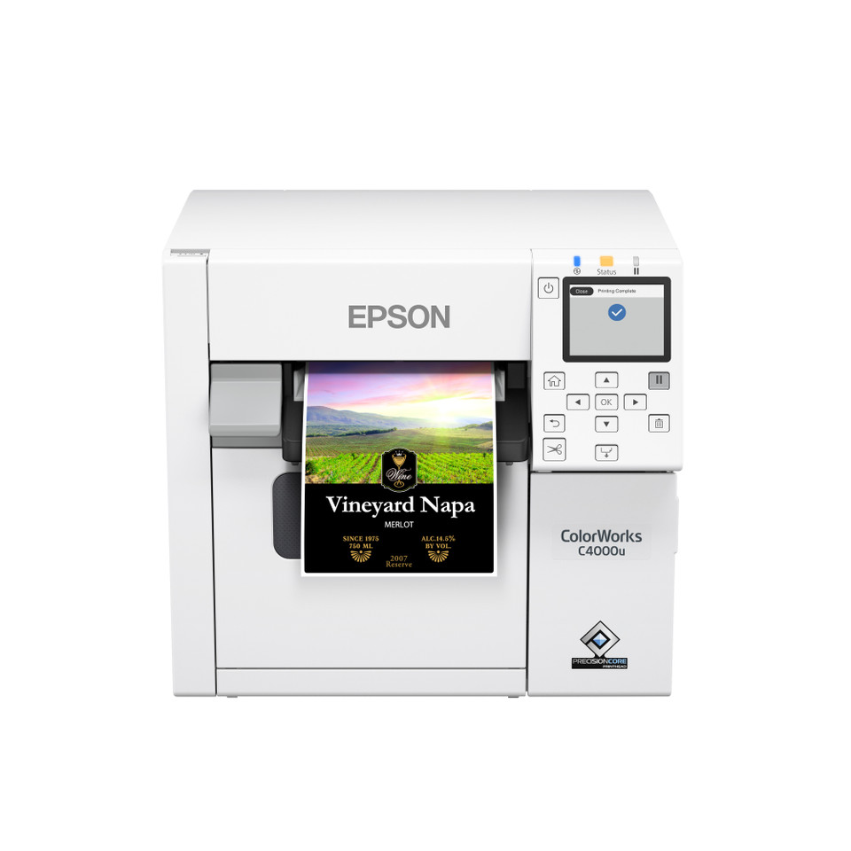 Epson ColorWorks CW-C4000 color label printer printing high-quality product label