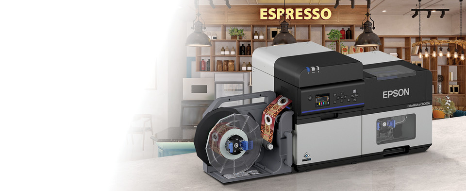 Epson ColorWorks CW-C8000U color label printer in café retail environment