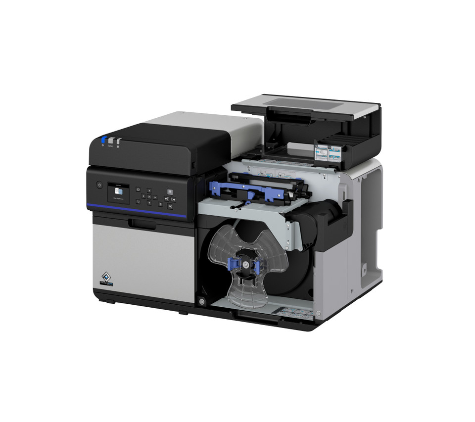 Epson ColorWorks CW-C8000U industrial color label printer with internal media path open