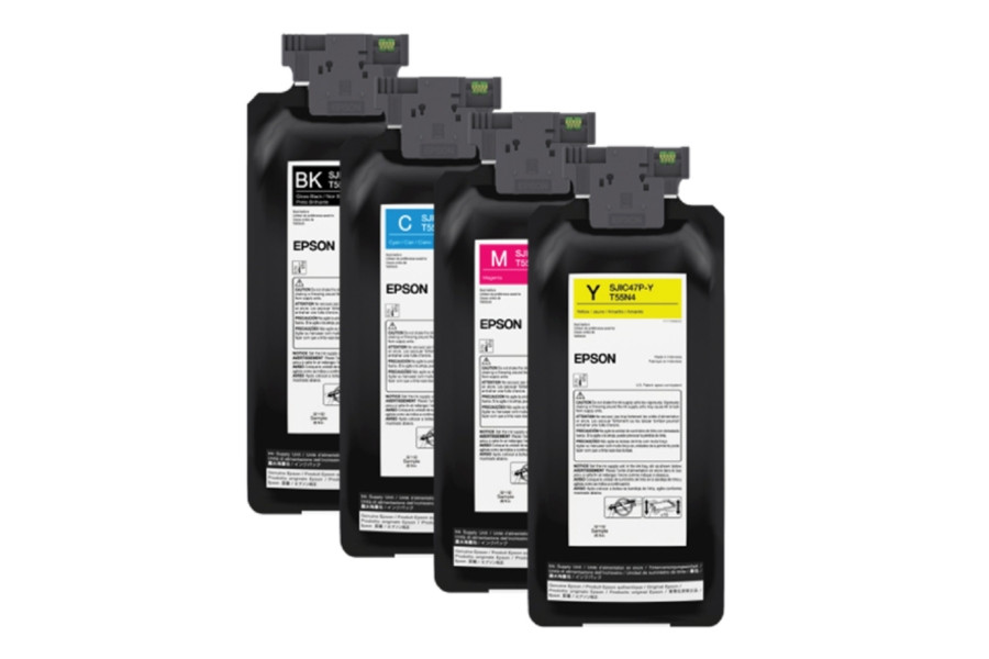 A set of four Epson ink cartridges in black, cyan, magenta, and yellow, arranged in a row.