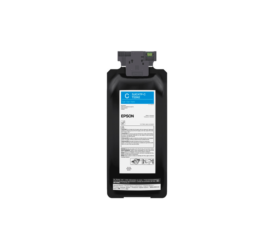 Epson cyan ink cartridge for ColorWorks label printers, featuring a black casing with a cyan identification label