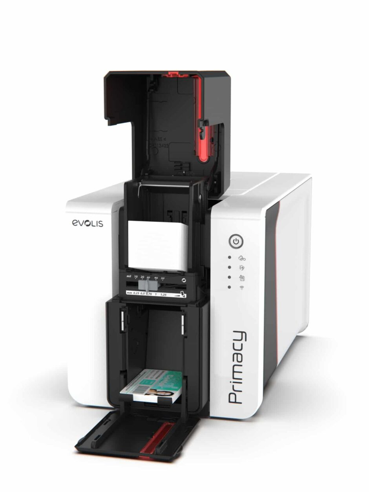 Evolis Primacy 2 card printer with open trays and visible card loading area.
