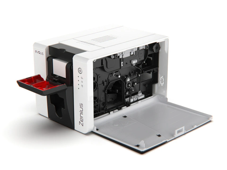 Evolis Zenius card printer with open cover showing internal components.