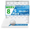 Air Filter -  Furnace/HVAC/Air Condition, 20 x 20 x 1, MERV Rating 8 - 5-Pack with Reusable ABS Plastic Frame - Pleated, PET/PP