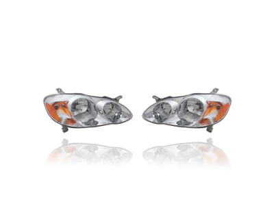 Headlight Assembly - Compatible/Replacement for '03-04 Toyota Corolla S - Smoked Dark Chrome Interior - Pair, Left Driver + Right Passenger Set - 8111002200, 8115002210