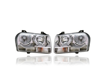 Headlight Assembly - Compatible/Replacement for '05-07 Chrysler 300 Base/Touring/Limited 2.7/3.5L - Halogen With Signal Lamp Wiring Harness - Pair, Left + Right Set - 4805756AH, 4805757AH