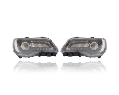 Headlight Assembly - Compatible/Replacement for '15-17 Chrysler 300 Sedan S/AWD/Limited/C/Platinum - Halogen Black Bezel - Pair, Left Driver + Right Passenger Set - 68214382AD, 68214383AD CAPA