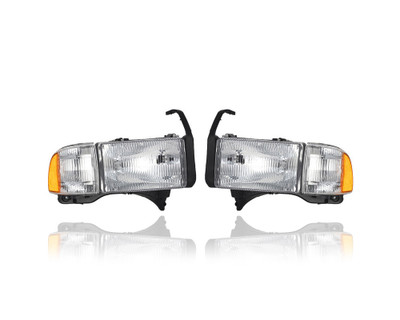 Headlight Assembly - Compatible/Replacement for '94-02 Dodge Pickup - With Parking Signal Corner Lamp & Brackets - Pair, Left Driver + Right Passenger Set - 55076748AD, 55076749AD CAPA Headlight Assembly - Compatible/Replacement for '94-02 Dodge Pickup - With Parking Signal Corner Lamp & Brackets - Pair, Left Driver + Right Passenger Set - 55076748AD, 55076749AD CAPA