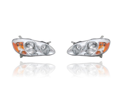 Headlight Assembly - Compatible/Replacement for '03-04 Toyota Corolla CE/LE - Chrome Interior - Pair, Left Driver + Right Passenger Set - 8111002190, 8115002200 CAPA