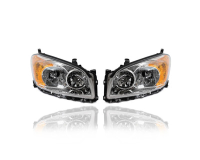 Headlight - Compatible/Replacement for '09-12 Toyota RAV4 Base/Limited (Japan Built) - Halogen Chrome Interior Bezel - Pair, Left Driver + Right Passenger Set - 8113042470, 8117042470 - CAPA