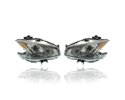 Headlight Assembly - Compatible/Replacement for '09-14 Nissan Maxima SV-Only - Xenon, Chrome Bezel - Pair, Left Driver + Right Passenger Set - 260109N01A, 260609N01A